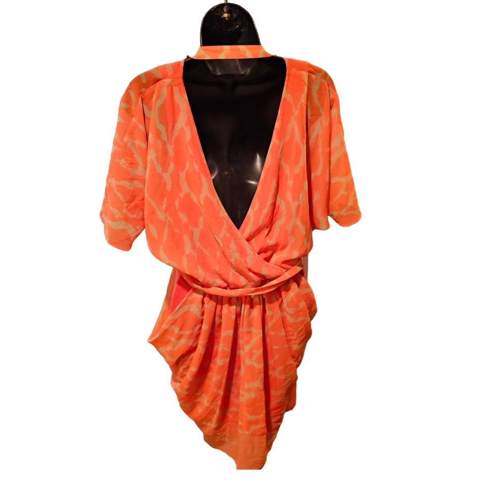 Bebe Orange Coral Double V-Neck Wrap Kimono Sheer Top Dress Size Small - Picture 3 of 10